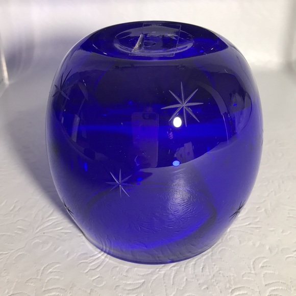 Cobalt Blue To Clear Glass Starburst Round Heavy Votives Candle Holders (3) - Picture 2 of 4